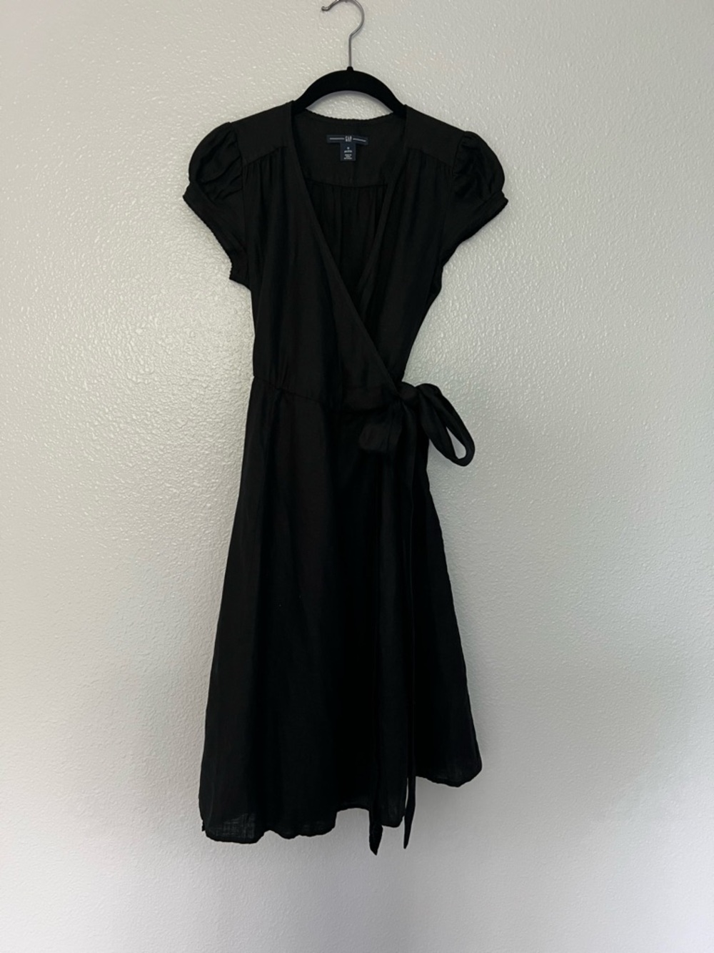GAP Black Wrap Dress with Tie Waist and Puff Sleeves